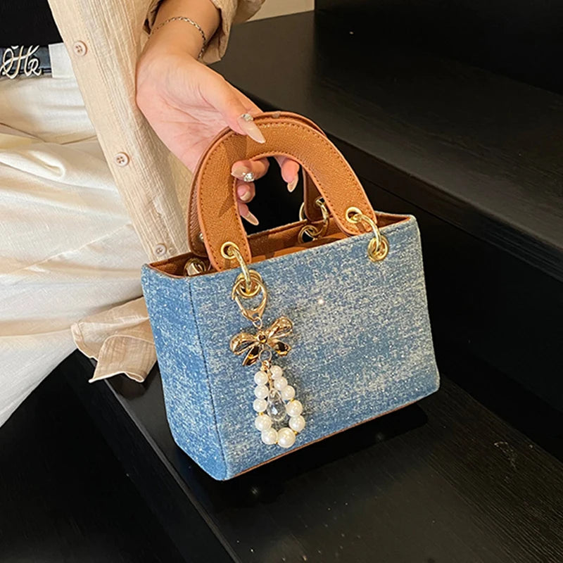Women's Diamond Denim Clotch Handbag Korean Chic Retro Mini Single Shoulder Crossbody Bags Elegant Luxury Party Square Clutch