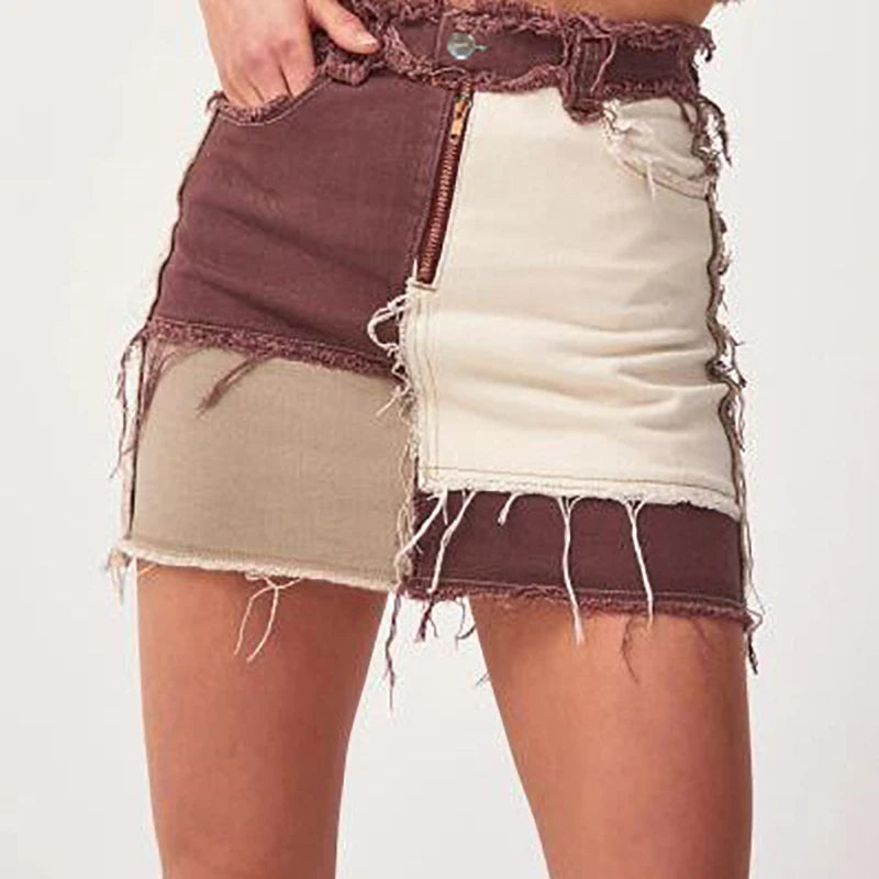 Jeans Women Straight Pants Patchwork Denim Trousers Splice Color Contrast Tassel PantsTrendy Fashion Streerwear Style Cool