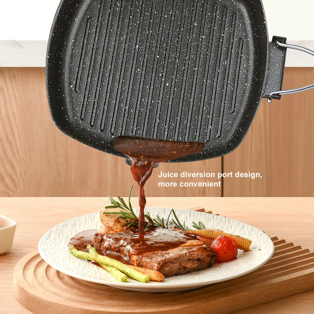 Foldable Portable Frying Pan Picnic Grill Pan Anti-scald Wooden Handle Outdoor Grill Pan Double Mouth Steak Pan