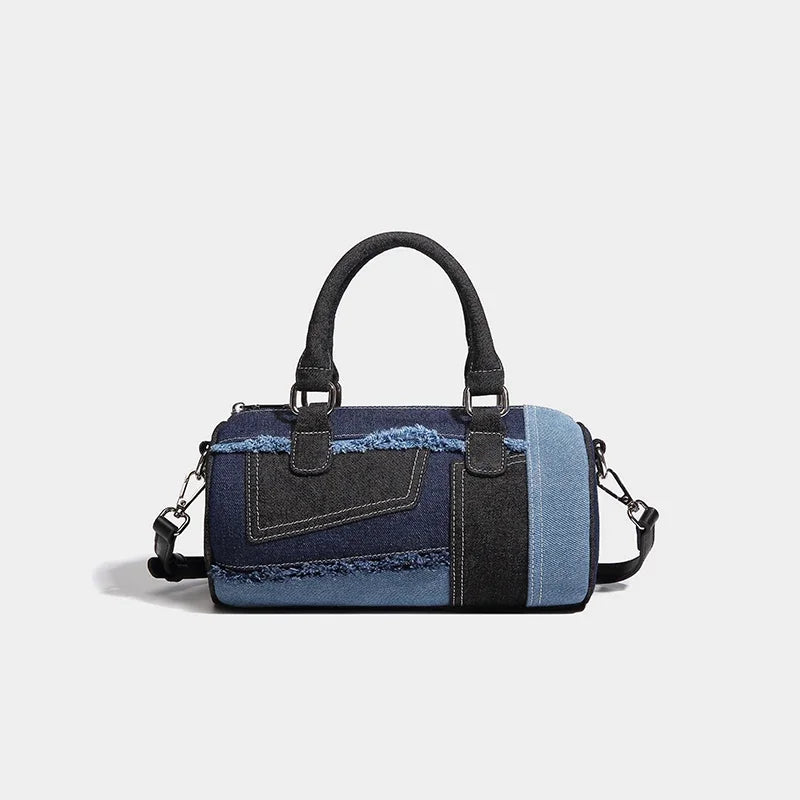 Cylindrical Boston Messenger Bags for Women Luxury Designer Handbag Purses 2024 New in Fashion Denim Splicing Shoulder Crossbody