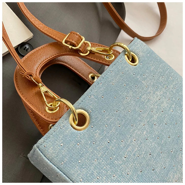 Women's Diamond Denim Clotch Handbag Korean Chic Retro Mini Single Shoulder Crossbody Bags Elegant Luxury Party Square Clutch