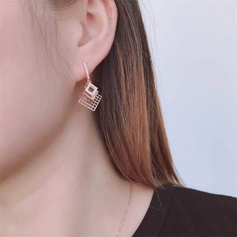 585 Purple Gold elegant luxurious square earrings for women plated 14K rose gold dazzling earings buckle wedding Jewelry