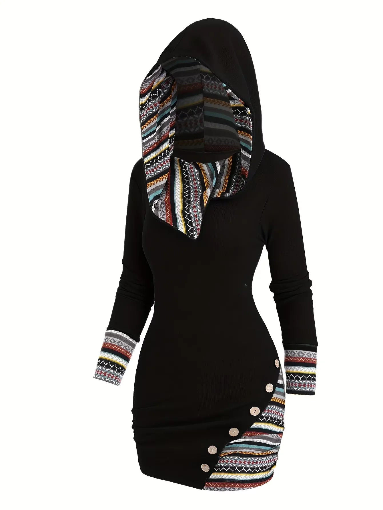 European and American explosions fashion women's ethnic style geometric stripe stitching hooded knitted long-sleeved tight dress