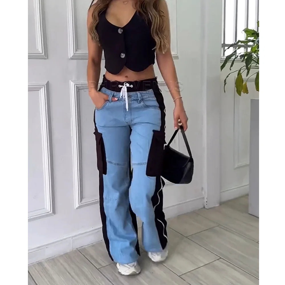 Fashion Women's Patchwork Jeans Women High Waist Pants Casual Retro Hip-hop Denim Straight Trouser Wide Leg Jeans