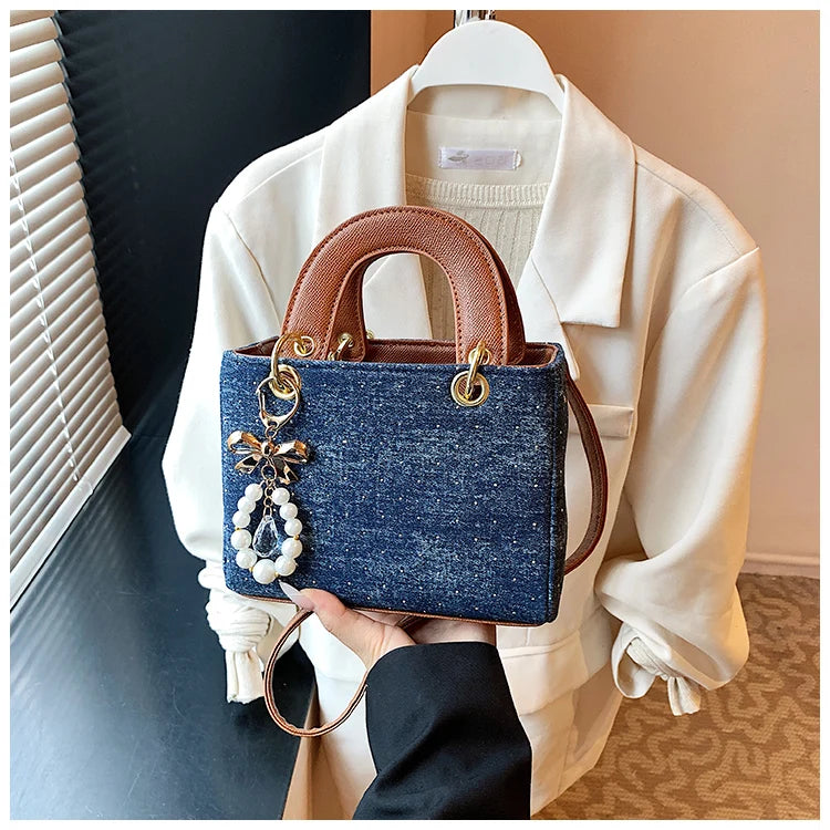 Women's Diamond Denim Clotch Handbag Korean Chic Retro Mini Single Shoulder Crossbody Bags Elegant Luxury Party Square Clutch
