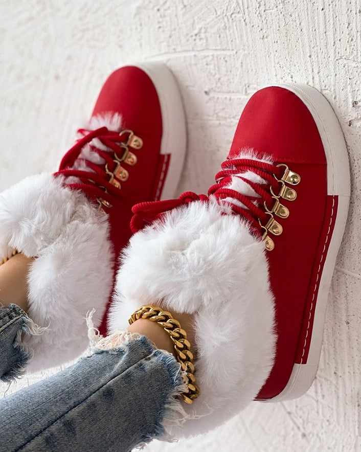 Women's Boots 2025 Christmas New Fashion Lace-Up Fuzzy Detail Lined Ankle Boots Casual Daily Round Toe Flat Boots
