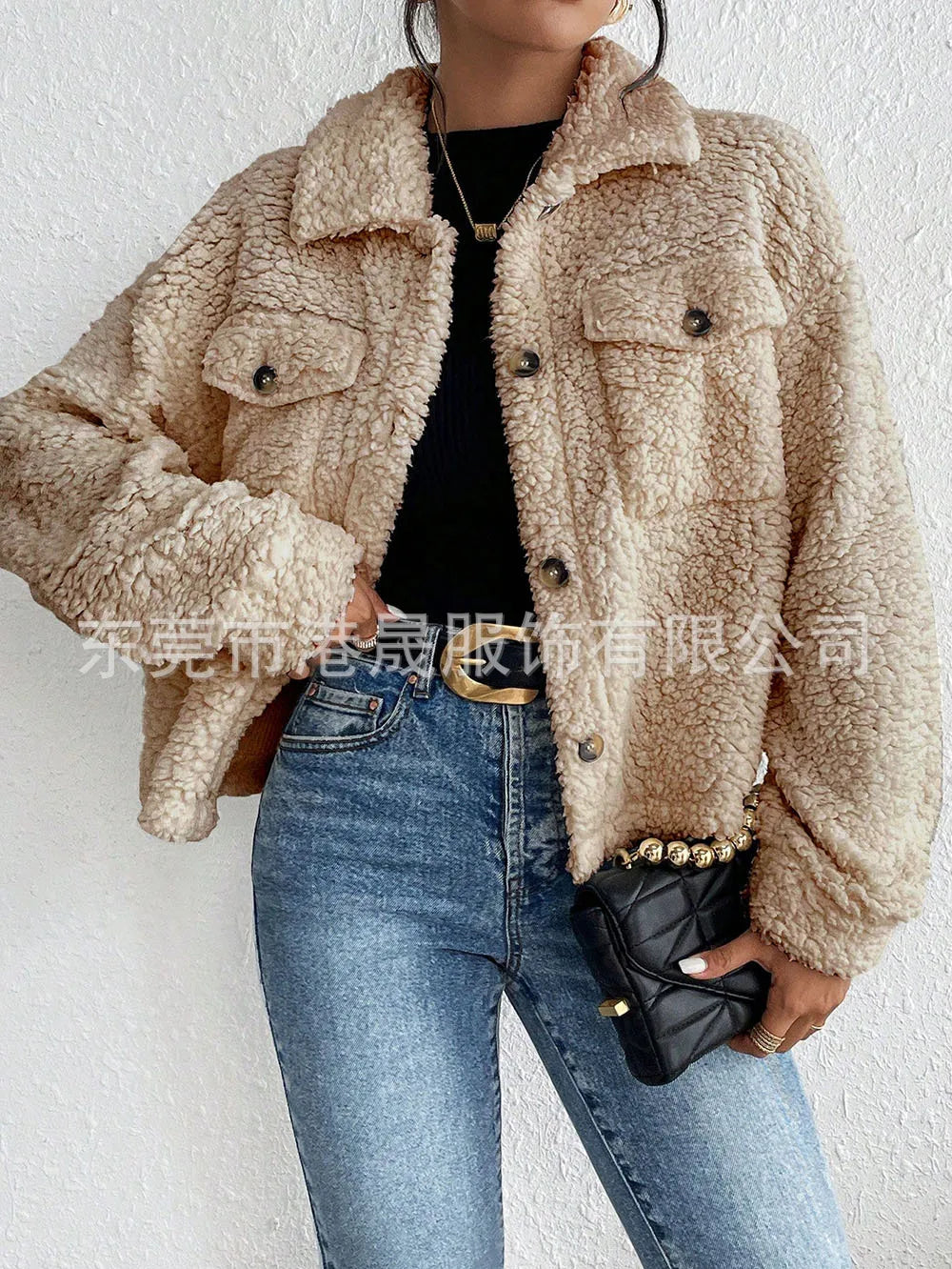 Casual Women's Coats Autumn And Winter Lapel Plush Jacket Short Women Jacket New Fashion White Pockets Tops Coat Streetwear