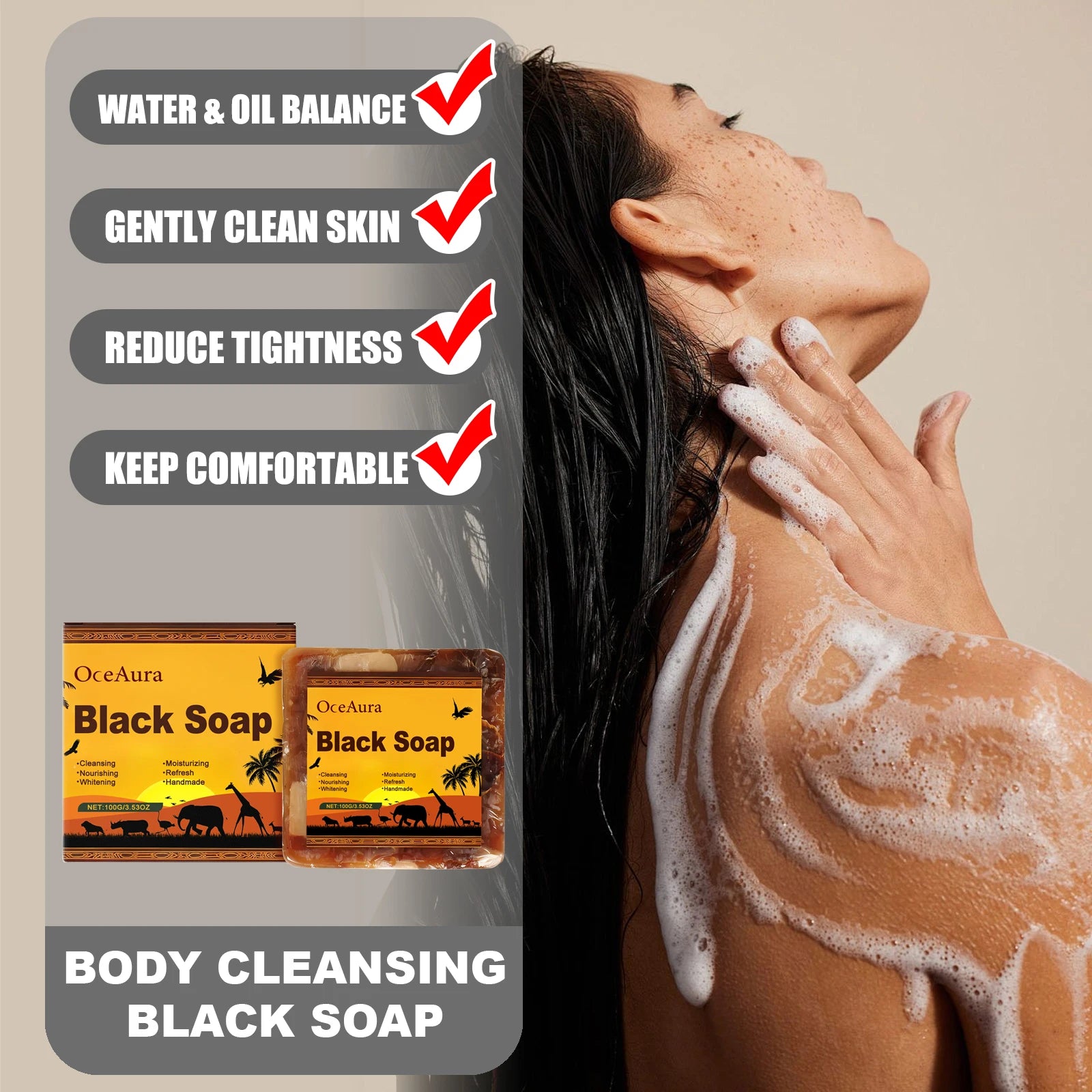 OCEAURA Body Cleansing Black Soap Gently Clean Skin Surface Maintain Water & Oil Balance Reduces Skin Tightness Keep Comfortable