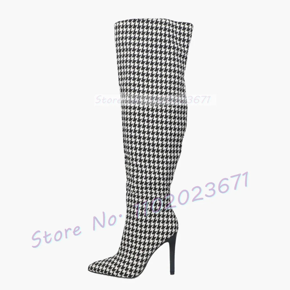 Pink Gingham Knee High Boots Women Trend High Class Print High Heels Shoes Ladies Side-zip Casual Fashion Pointy Winter Boots