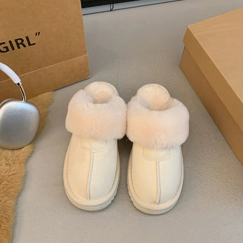 2025 New Furry Brand Designer Winter Fashion Round Toe Warm Women Ankle Boots Comfortable Shallow Slip-on Snow Boots Botas Mujer