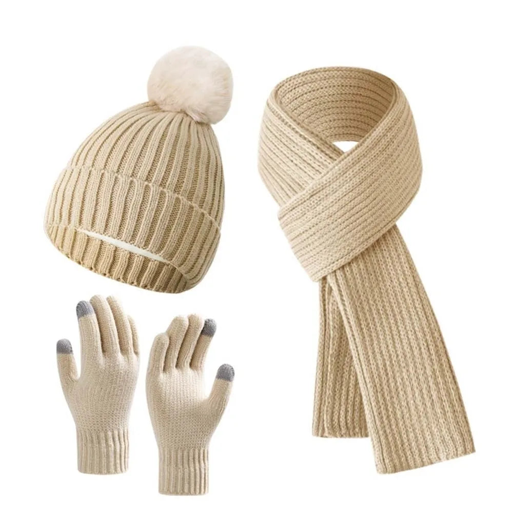 Beanies Cap Elastic Scarf and Hat Set Warmer Mittens Soft Cold Proof Gloves Acrylic Fibers Plush Ball Woolen Hat Daily