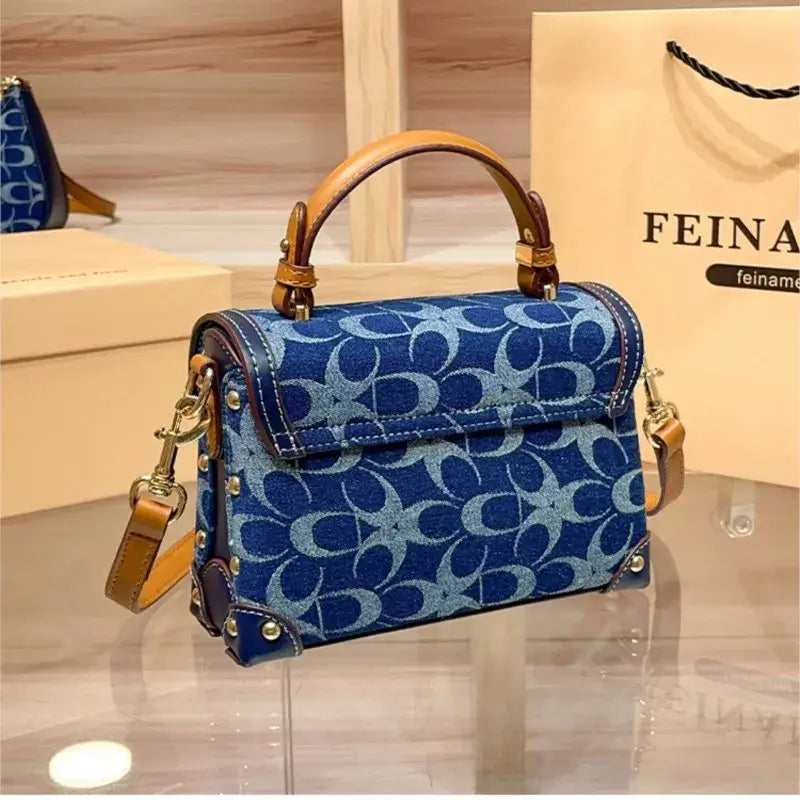 Ladies' handbag, light luxury retro denim canvas box bag, 2025 new high-end style, contrasting color single shoulder small squa