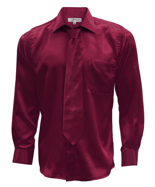 Burgundy Satin Regular Fit French Cuff Dress Shirt, Tie & Hanky Set
