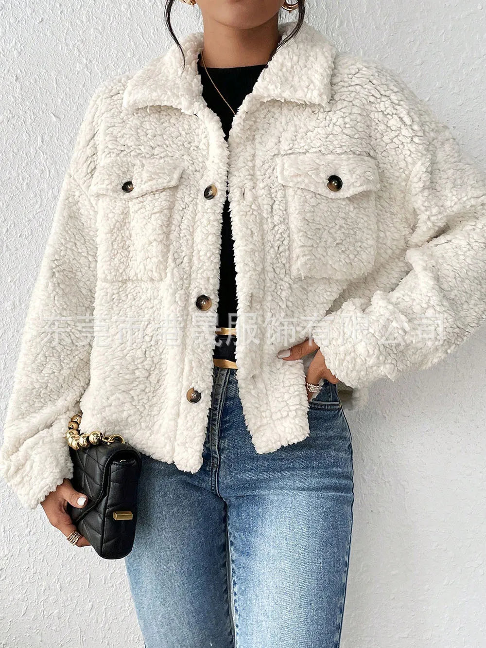 Casual Women's Coats Autumn And Winter Lapel Plush Jacket Short Women Jacket New Fashion White Pockets Tops Coat Streetwear