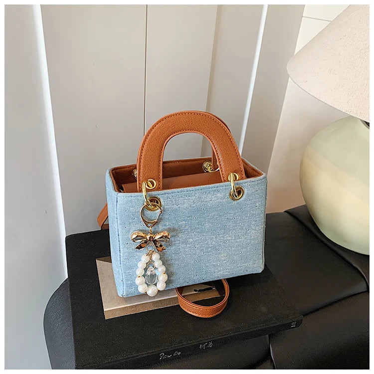 Women's Diamond Denim Clotch Handbag Korean Chic Retro Mini Single Shoulder Crossbody Bags Elegant Luxury Party Square Clutch