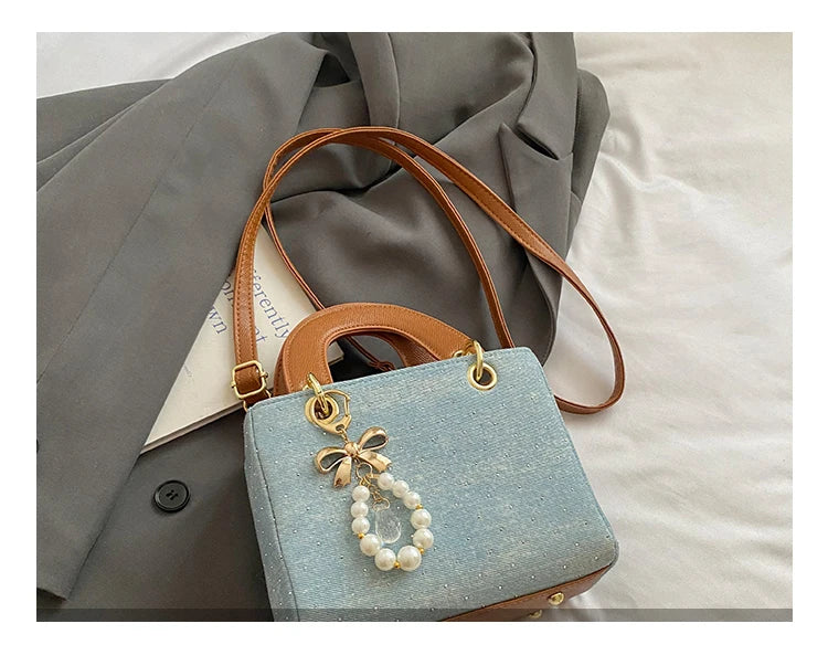 Women's Diamond Denim Clotch Handbag Korean Chic Retro Mini Single Shoulder Crossbody Bags Elegant Luxury Party Square Clutch