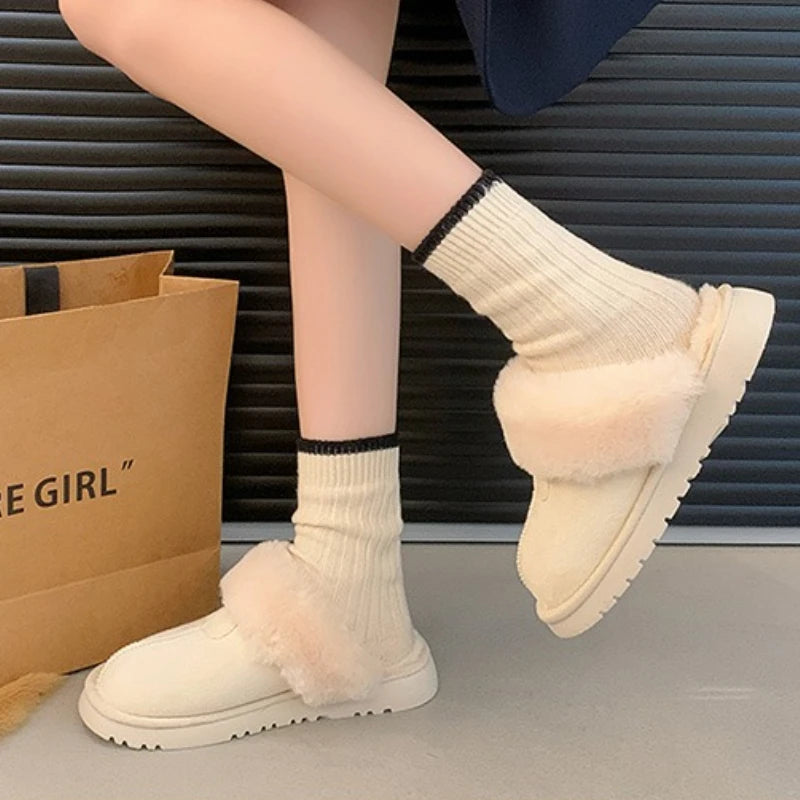 2025 New Furry Brand Designer Winter Fashion Round Toe Warm Women Ankle Boots Comfortable Shallow Slip-on Snow Boots Botas Mujer