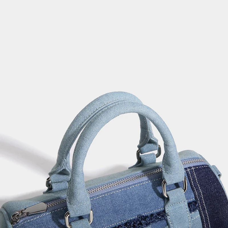 Cylindrical Boston Messenger Bags for Women Luxury Designer Handbag Purses 2024 New in Fashion Denim Splicing Shoulder Crossbody