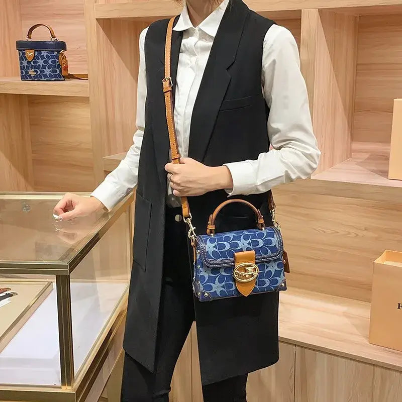 Ladies' handbag, light luxury retro denim canvas box bag, 2025 new high-end style, contrasting color single shoulder small squa