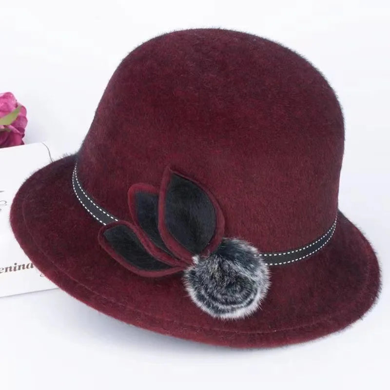 Fedoras Cap Jazz Cap Women Pompom Dome Hat Bowler Dome Wool Hat Vintage Elegant Wool Ladies Church Hat Winter Autumn Warm Cap