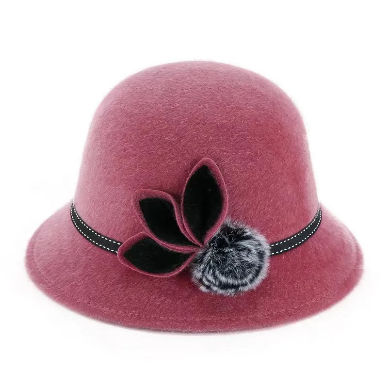 Fedoras Cap Jazz Cap Women Pompom Dome Hat Bowler Dome Wool Hat Vintage Elegant Wool Ladies Church Hat Winter Autumn Warm Cap