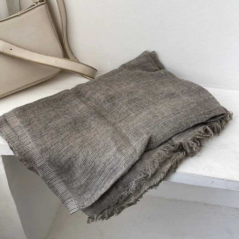 Scarf Women's Autumn Literary and Artistic Fresh and Versatile Contrasting Color Striped Texture Same Cotton Linen Thin Shawl