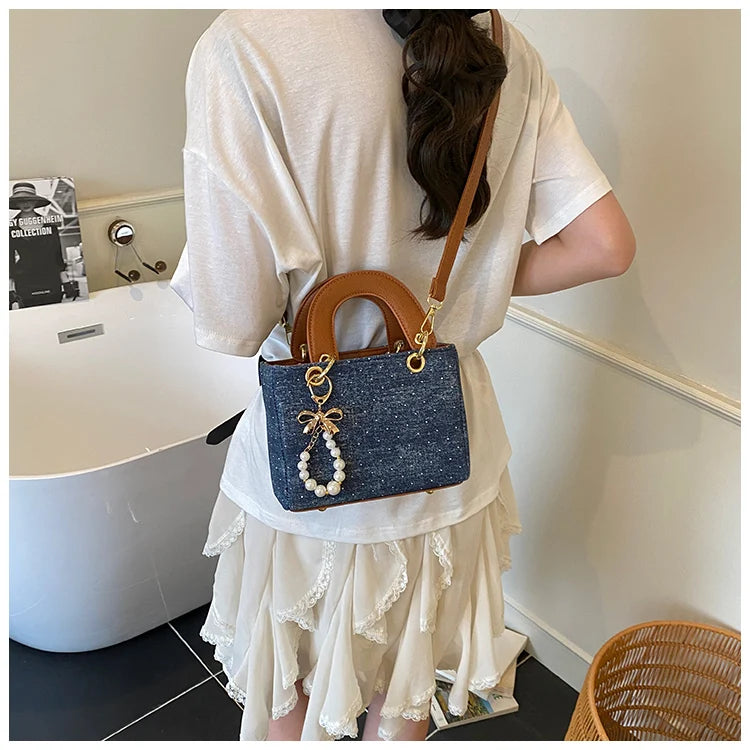 Women's Diamond Denim Clotch Handbag Korean Chic Retro Mini Single Shoulder Crossbody Bags Elegant Luxury Party Square Clutch
