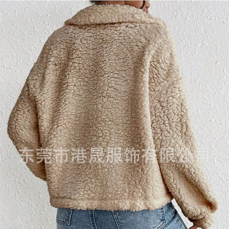 Casual Women's Coats Autumn And Winter Lapel Plush Jacket Short Women Jacket New Fashion White Pockets Tops Coat Streetwear