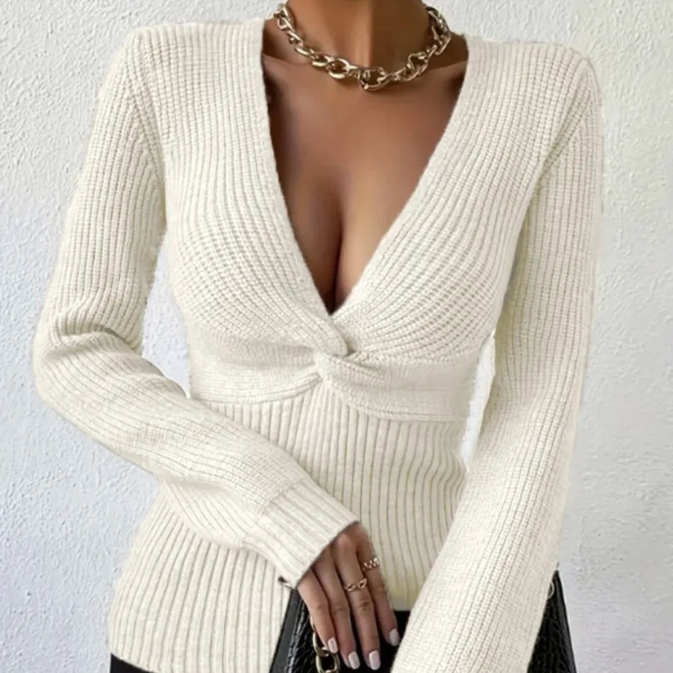 Women's Sweaters Pullovers Spring Autumn New Styles Solid Color Sweaters Fashionable Sexy V-neck Slim Fit Knitted Sweater Tops