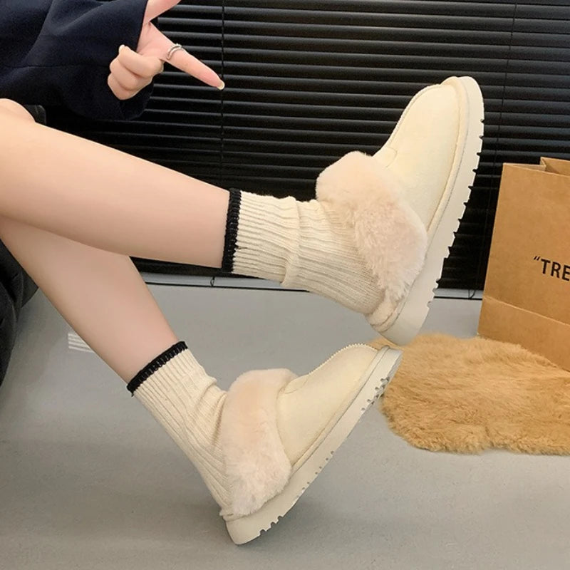 2025 New Furry Brand Designer Winter Fashion Round Toe Warm Women Ankle Boots Comfortable Shallow Slip-on Snow Boots Botas Mujer