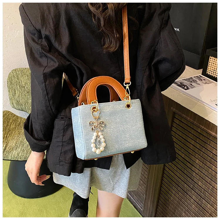 Women's Diamond Denim Clotch Handbag Korean Chic Retro Mini Single Shoulder Crossbody Bags Elegant Luxury Party Square Clutch