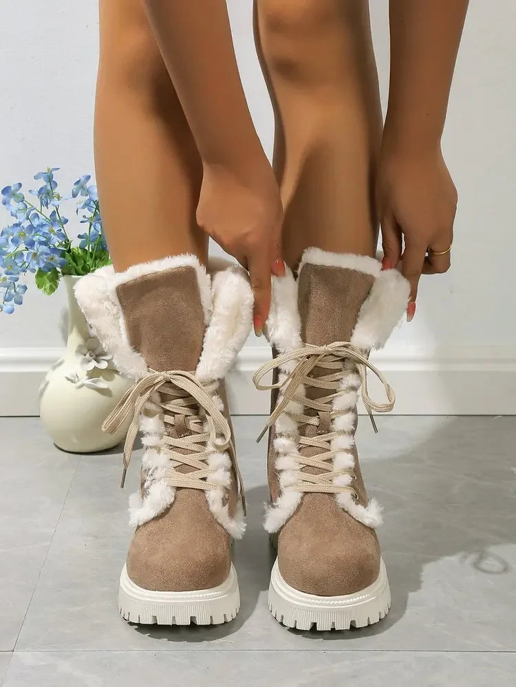 Thicken Plush Snow Boots for Women Winter Faux Fur Platform Ankle Boots Woman Mid-calf Lace-up Snow Boots Thickened Cotton Shoes