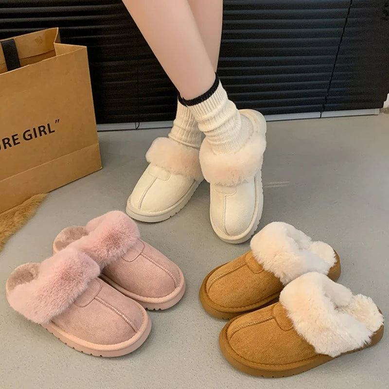 2025 New Furry Brand Designer Winter Fashion Round Toe Warm Women Ankle Boots Comfortable Shallow Slip-on Snow Boots Botas Mujer
