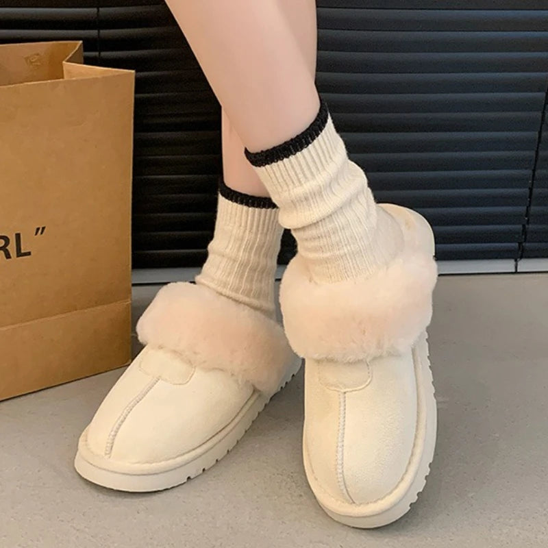 2025 New Furry Brand Designer Winter Fashion Round Toe Warm Women Ankle Boots Comfortable Shallow Slip-on Snow Boots Botas Mujer