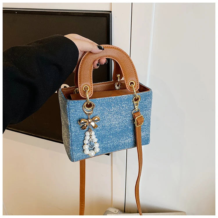 Women's Diamond Denim Clotch Handbag Korean Chic Retro Mini Single Shoulder Crossbody Bags Elegant Luxury Party Square Clutch
