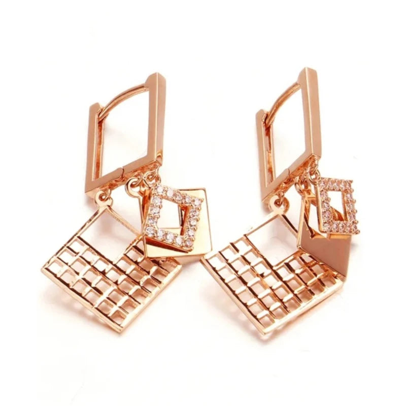 585 Purple Gold elegant luxurious square earrings for women plated 14K rose gold dazzling earings buckle wedding Jewelry
