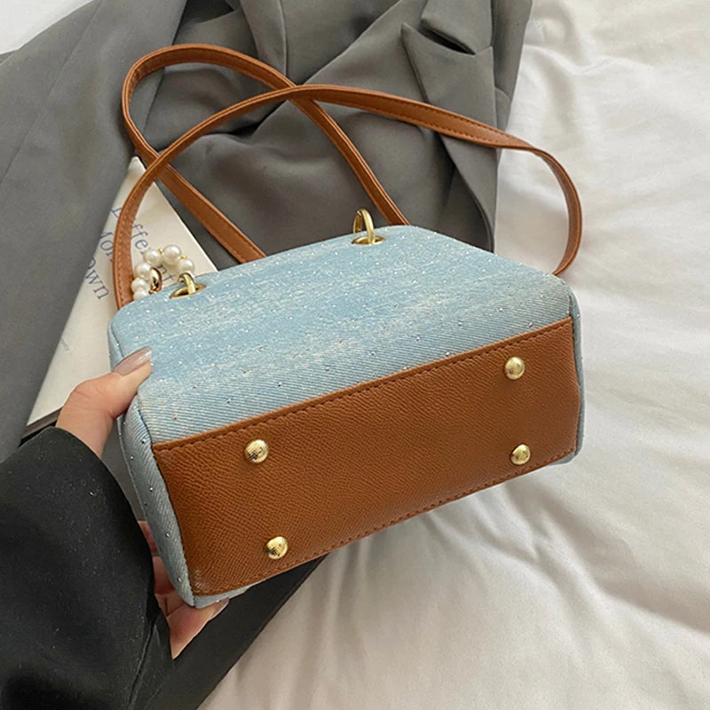 Women's Diamond Denim Clotch Handbag Korean Chic Retro Mini Single Shoulder Crossbody Bags Elegant Luxury Party Square Clutch