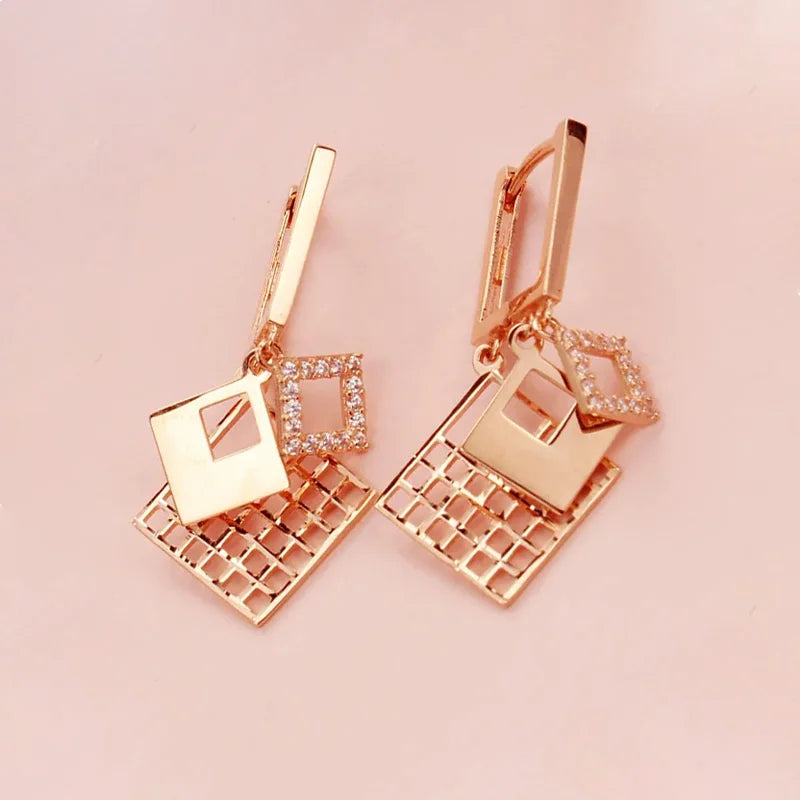 585 Purple Gold elegant luxurious square earrings for women plated 14K rose gold dazzling earings buckle wedding Jewelry