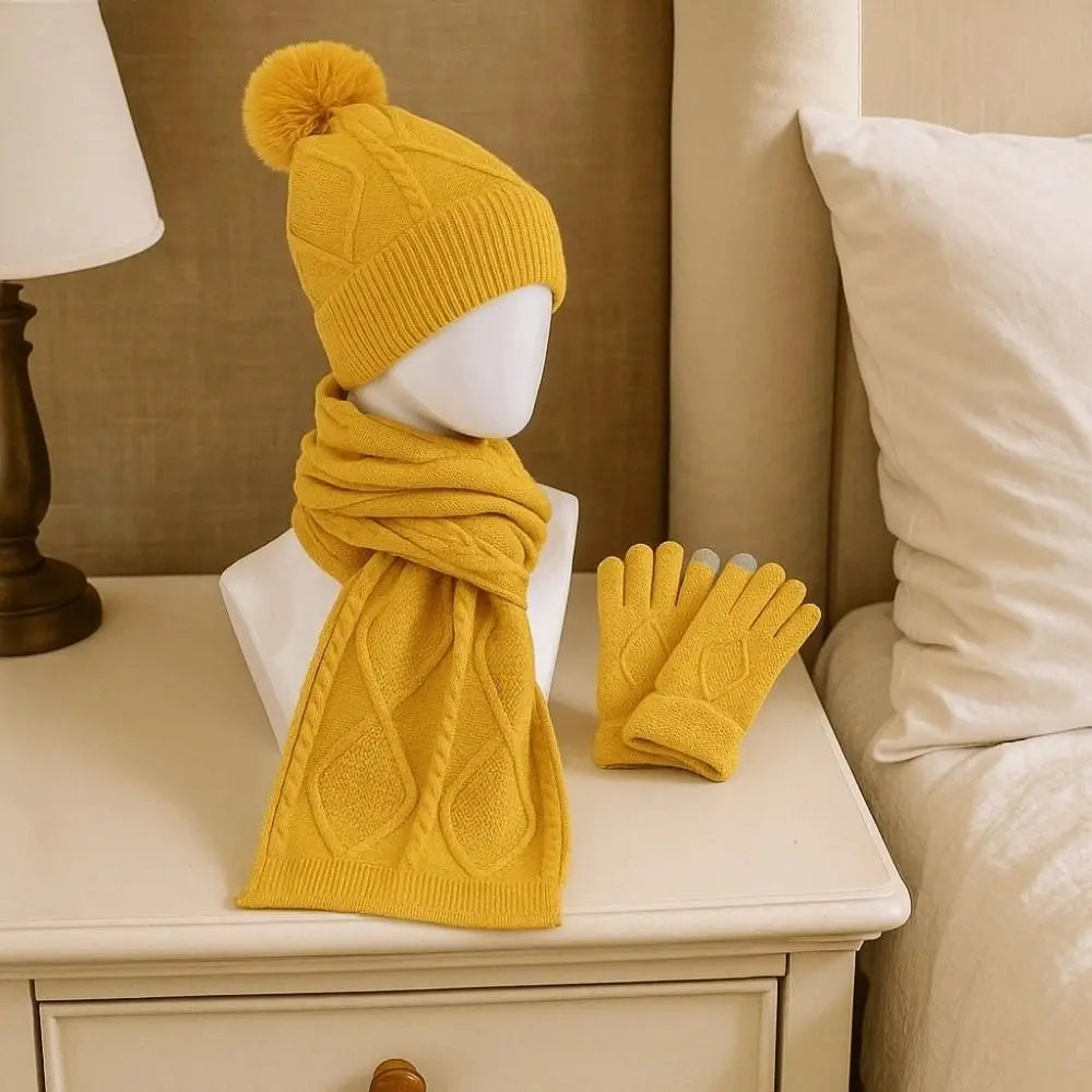 Beanies Cap Elastic Scarf and Hat Set Touch Screen Warm Cold Proof Gloves Ball Rhombus Patterned Knitted Scarf Women