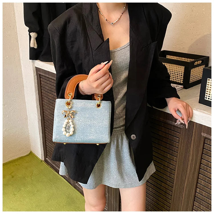 Women's Diamond Denim Clotch Handbag Korean Chic Retro Mini Single Shoulder Crossbody Bags Elegant Luxury Party Square Clutch