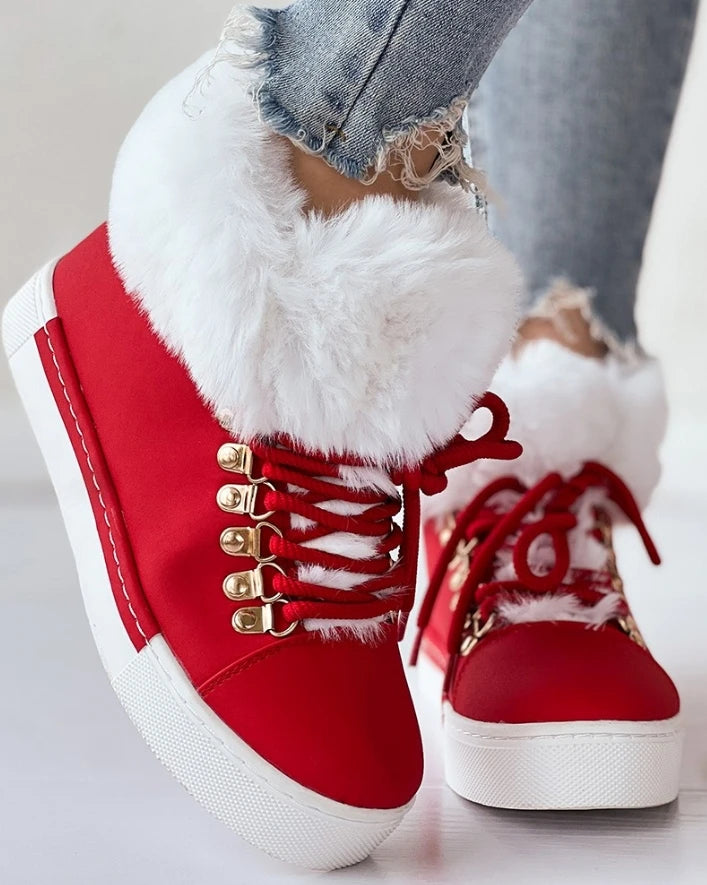 Women's Boots 2025 Christmas New Fashion Lace-Up Fuzzy Detail Lined Ankle Boots Casual Daily Round Toe Flat Boots