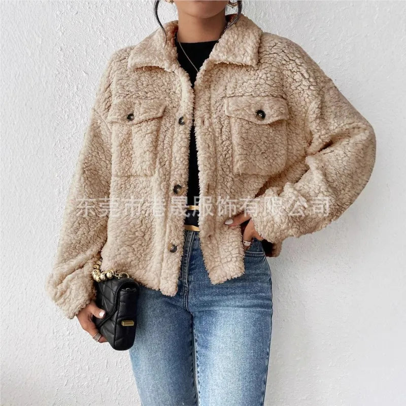 Casual Women's Coats Autumn And Winter Lapel Plush Jacket Short Women Jacket New Fashion White Pockets Tops Coat Streetwear