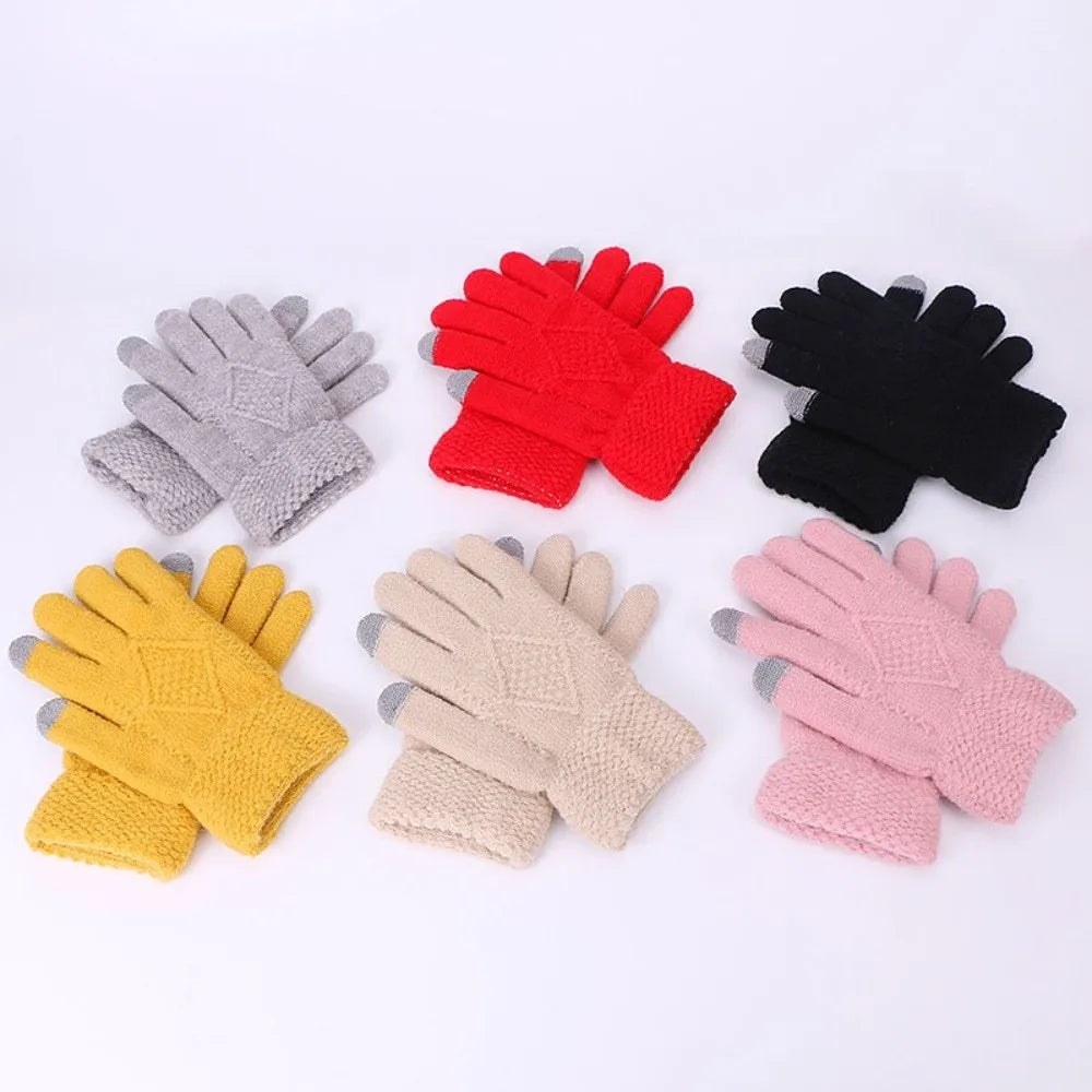 Beanies Cap Elastic Scarf and Hat Set Touch Screen Warm Cold Proof Gloves Ball Rhombus Patterned Knitted Scarf Women