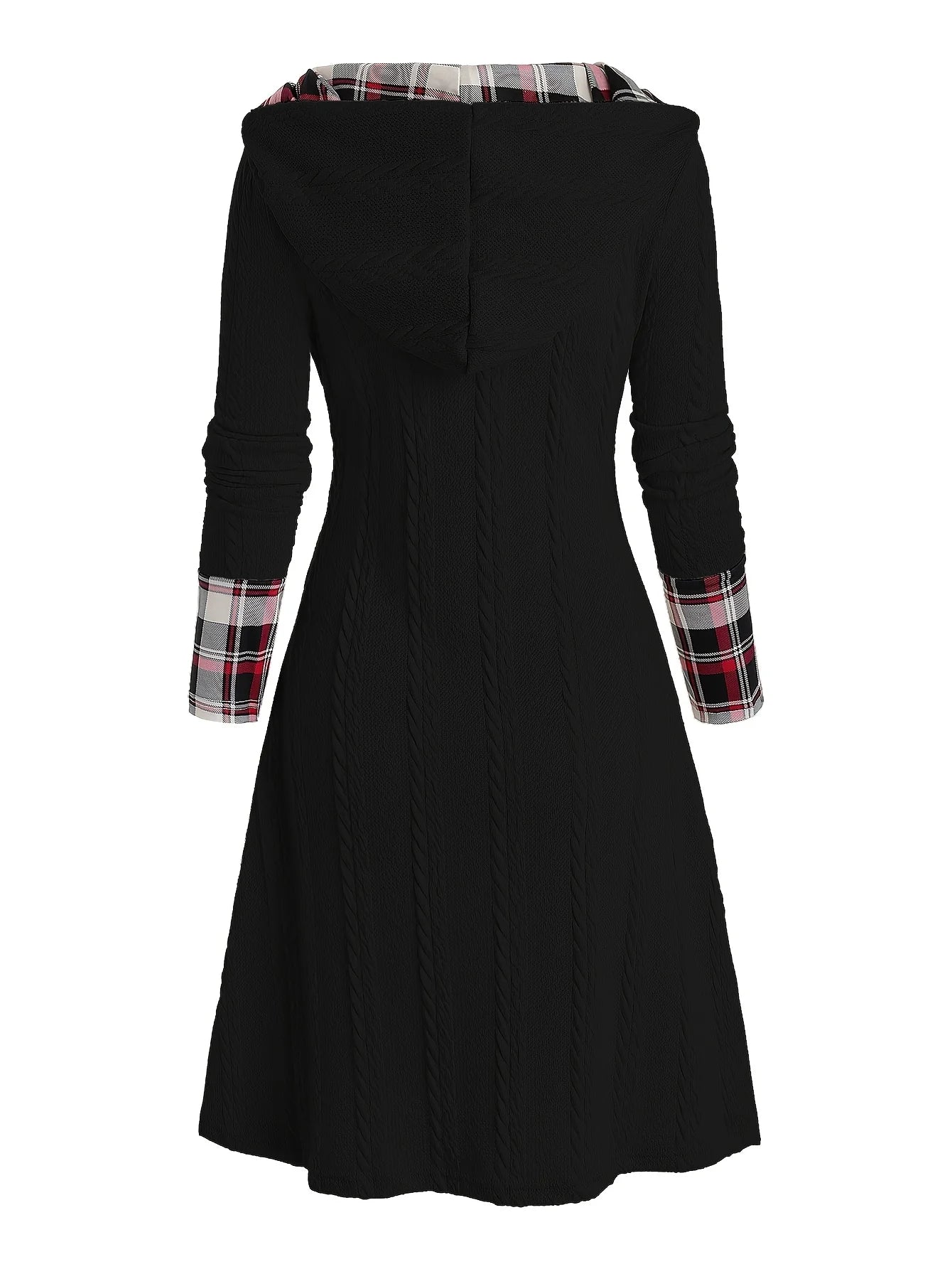 Knitted hooded dress plaid print stitching fake buckle high waist long sleeve A-line dress female