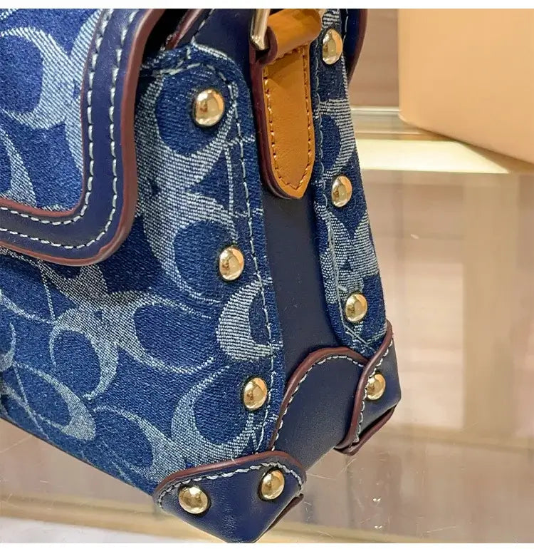 Ladies' handbag, light luxury retro denim canvas box bag, 2025 new high-end style, contrasting color single shoulder small squa