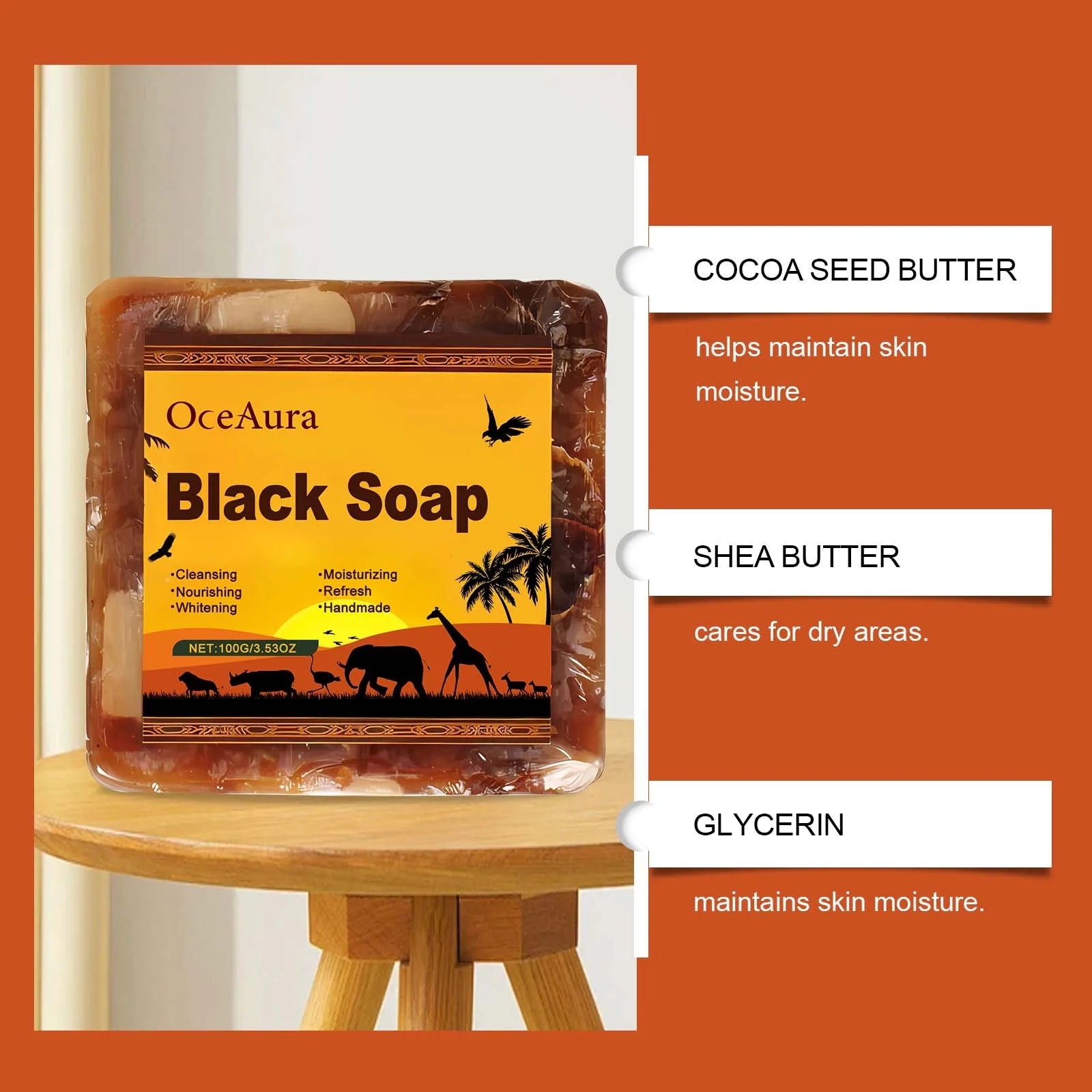 OCEAURA Body Cleansing Black Soap Gently Clean Skin Surface Maintain Water & Oil Balance Reduces Skin Tightness Keep Comfortable