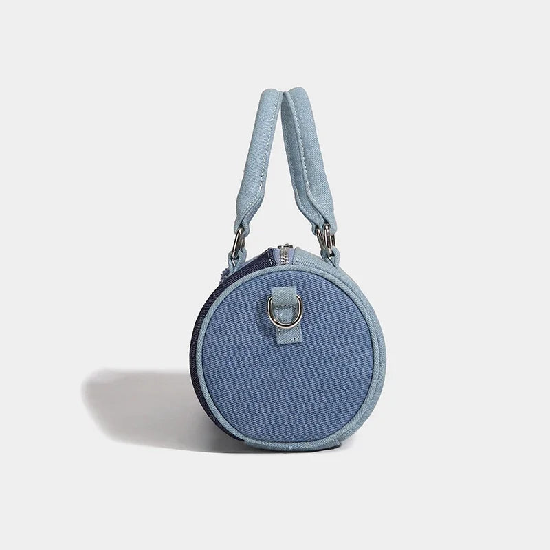 Cylindrical Boston Messenger Bags for Women Luxury Designer Handbag Purses 2024 New in Fashion Denim Splicing Shoulder Crossbody