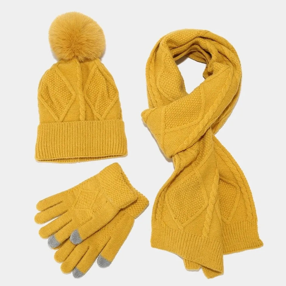 Beanies Cap Elastic Scarf and Hat Set Touch Screen Warm Cold Proof Gloves Ball Rhombus Patterned Knitted Scarf Women
