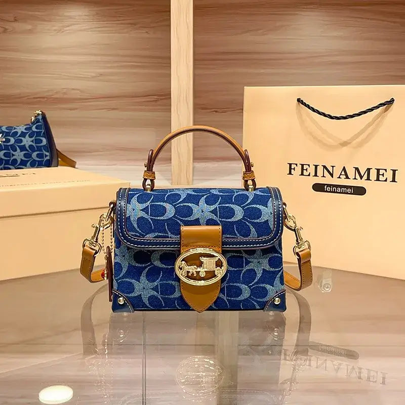 Ladies' handbag, light luxury retro denim canvas box bag, 2025 new high-end style, contrasting color single shoulder small squa