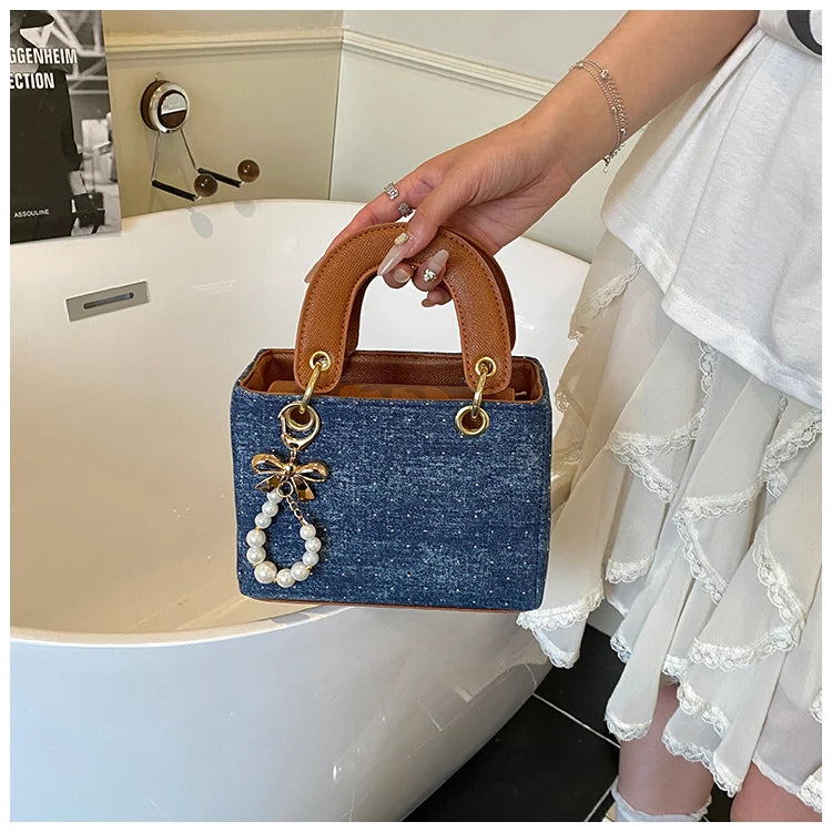 Women's Diamond Denim Clotch Handbag Korean Chic Retro Mini Single Shoulder Crossbody Bags Elegant Luxury Party Square Clutch